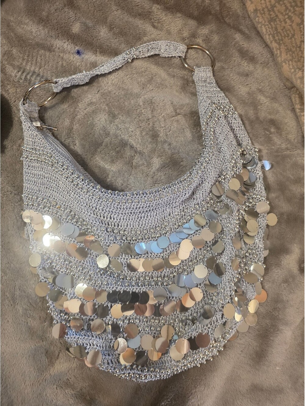 Silver sequin crochet shoulder bag